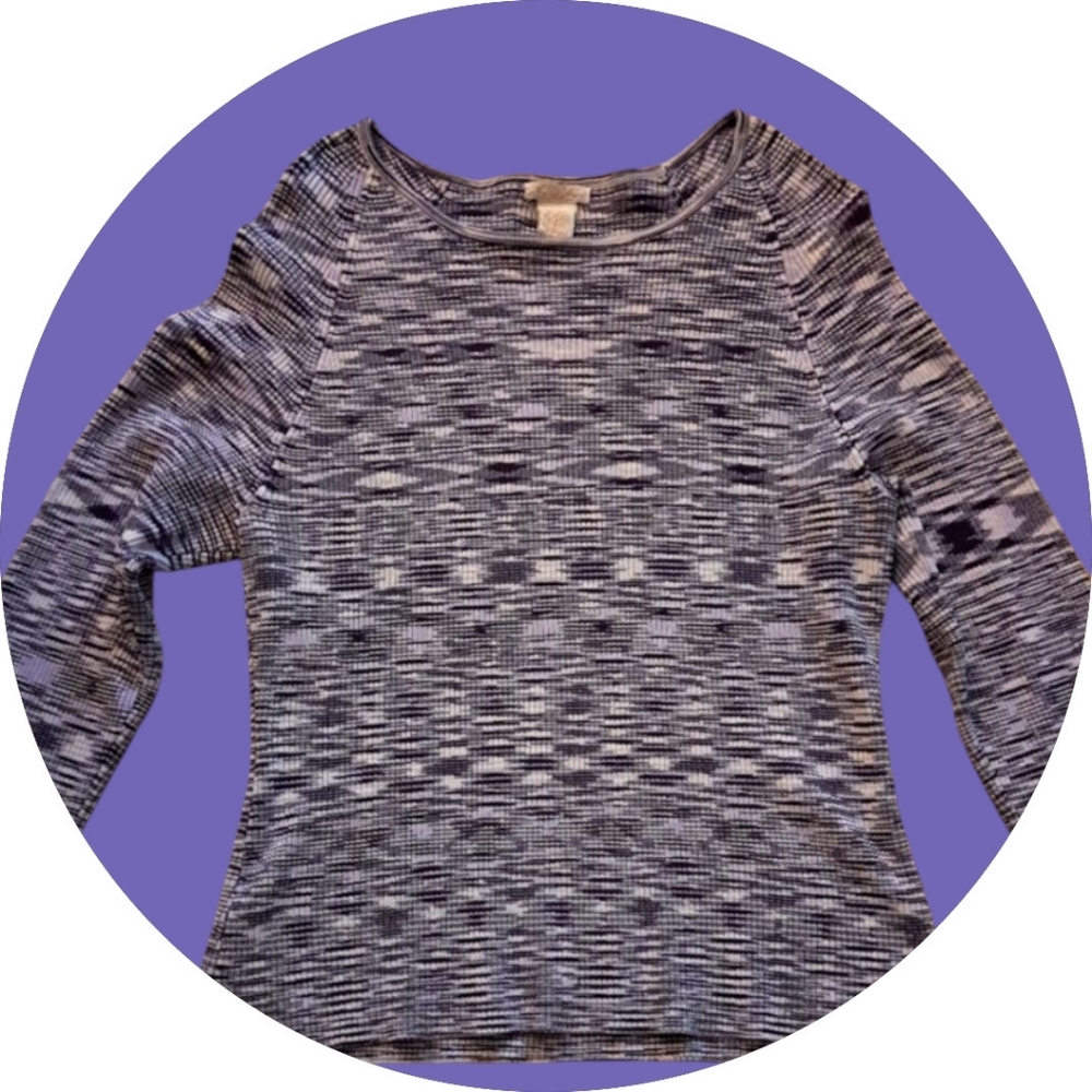 Vintage Crew Neck Sweater Purple White 3/4 Sleeve Stretch Top Women's Size Large
